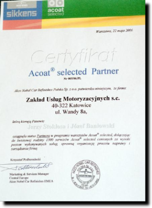 certyfikat Acoat selected Partner Sikkens